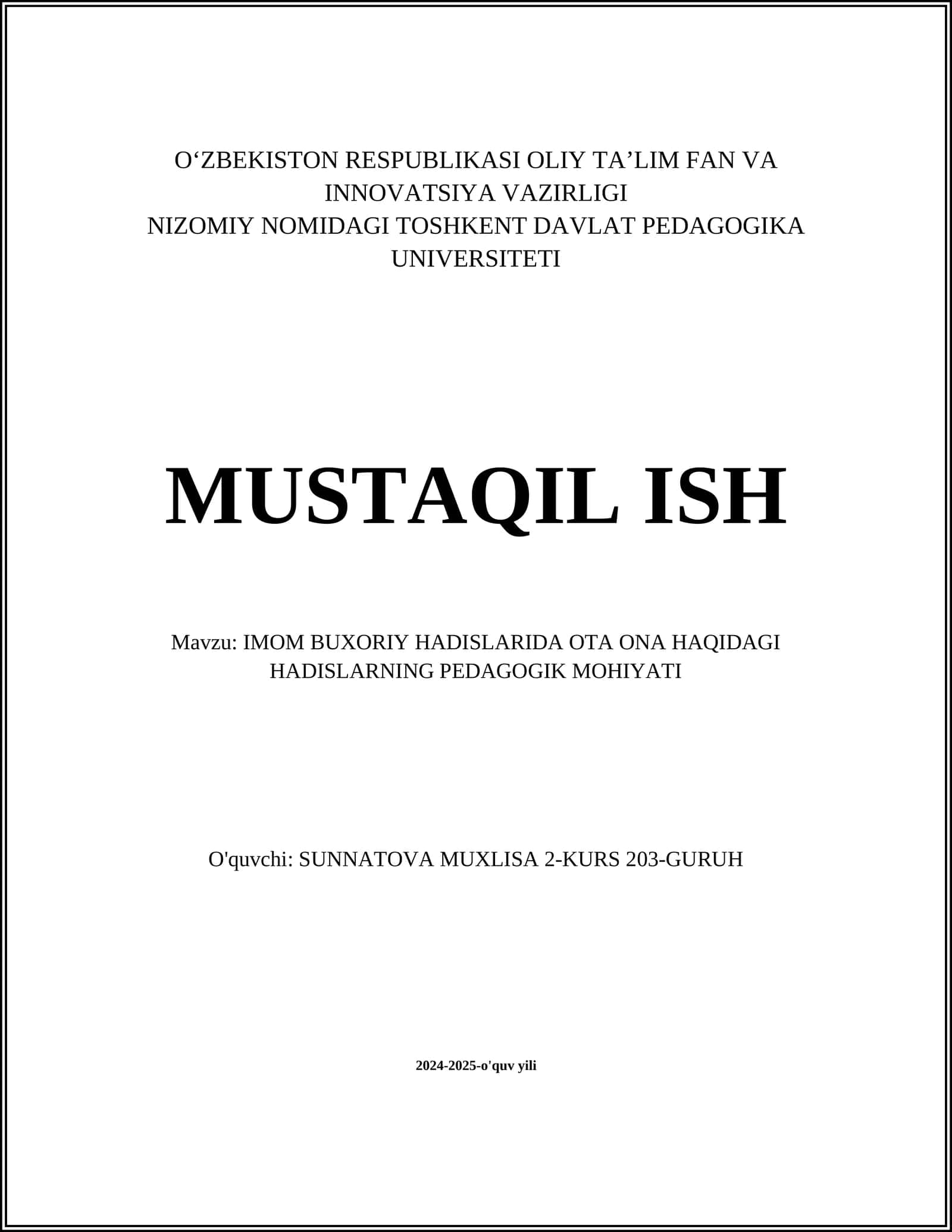 IMOM BUXORIY HADISLARIDA OTA ONA HAQIDAGI HADISLARNING PEDAGOGIK MOHIYATI