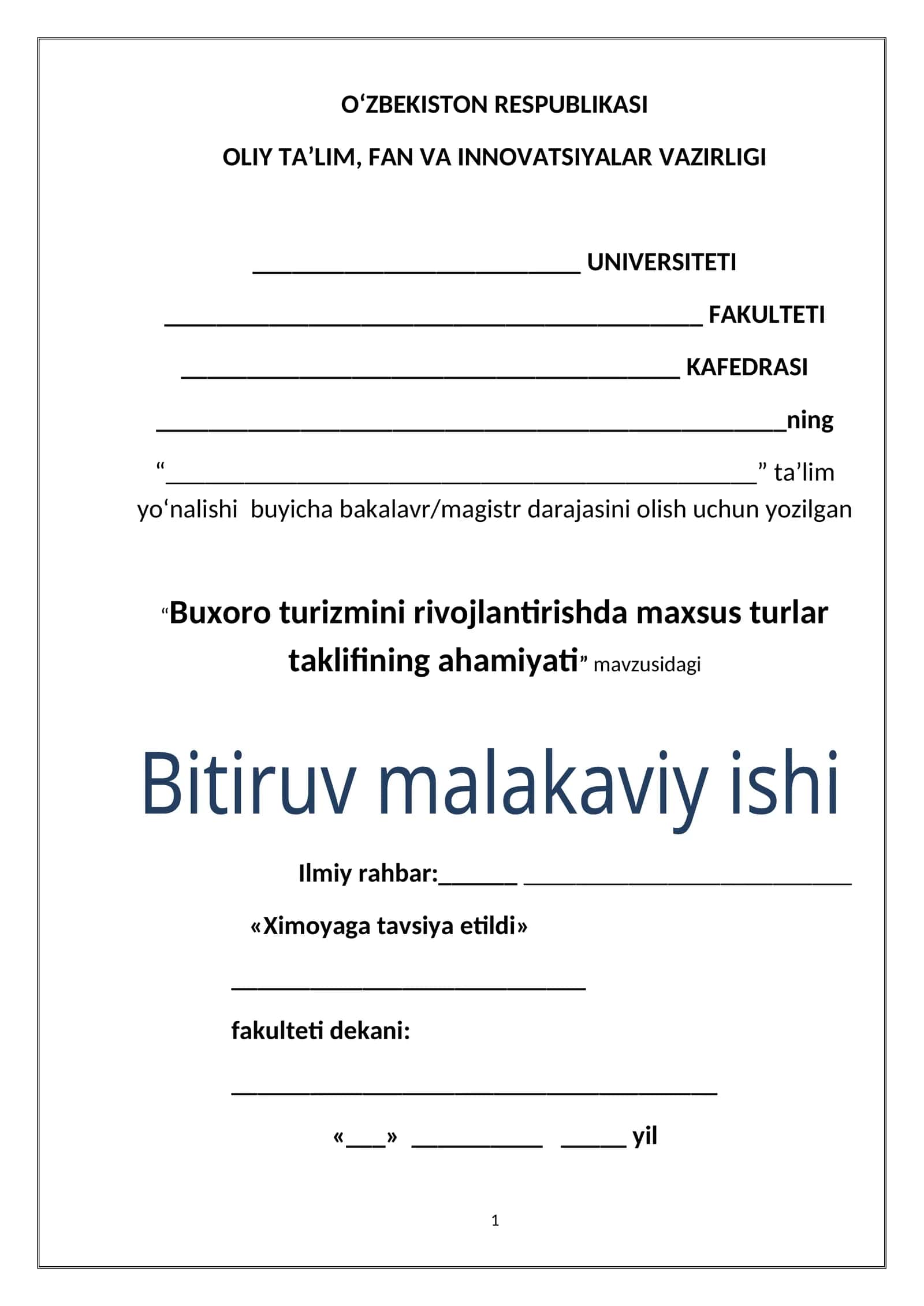 Buxoro turizmini rivojlantirishda maxsus turlar taklifining ahamiyati