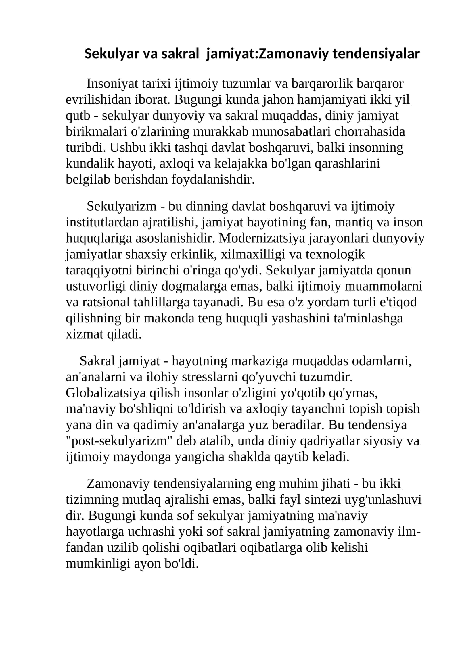 Sekulyar va sakral jamiyat:Zamonaviy tendensiyalar