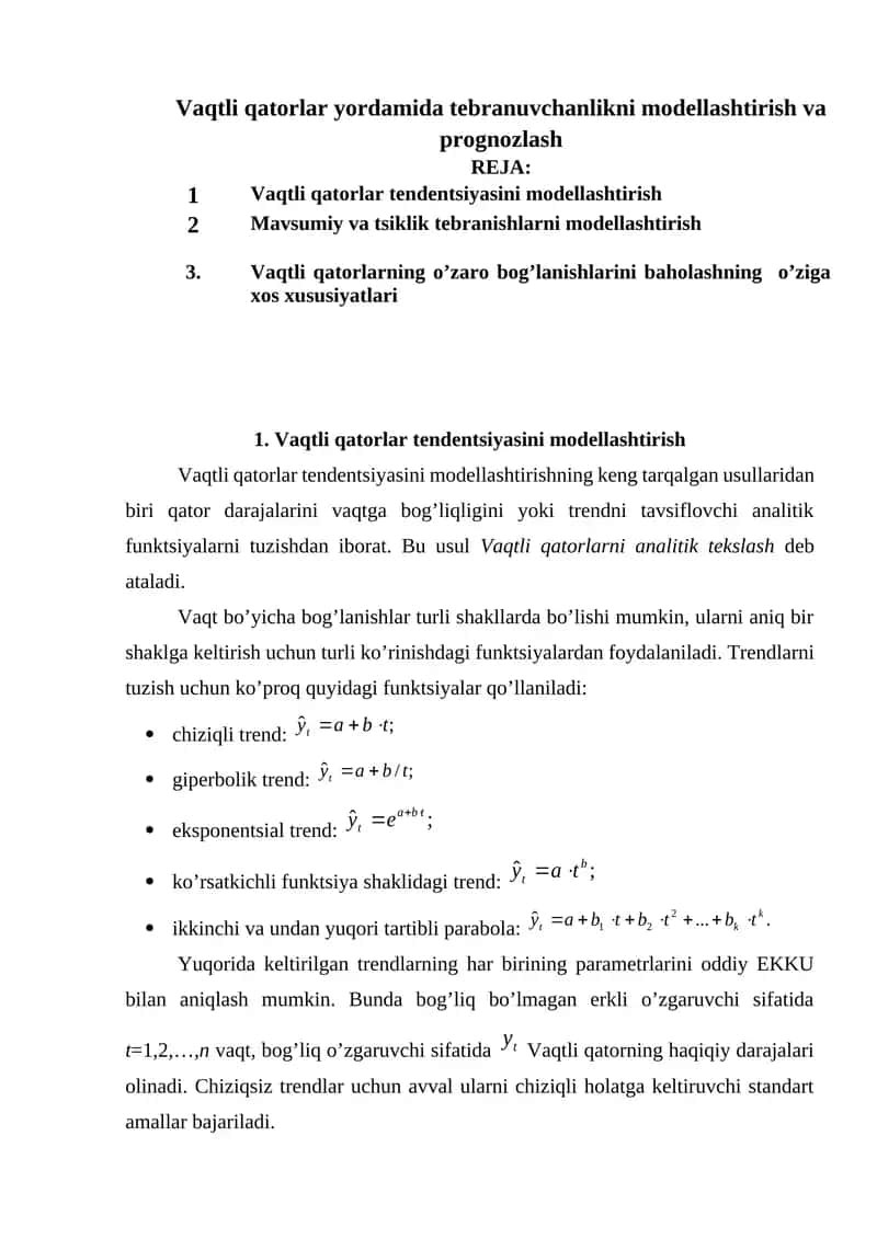 Vaqtli qatorlar yordamida tebranuvchanlikni modellashtirish va prognozlash