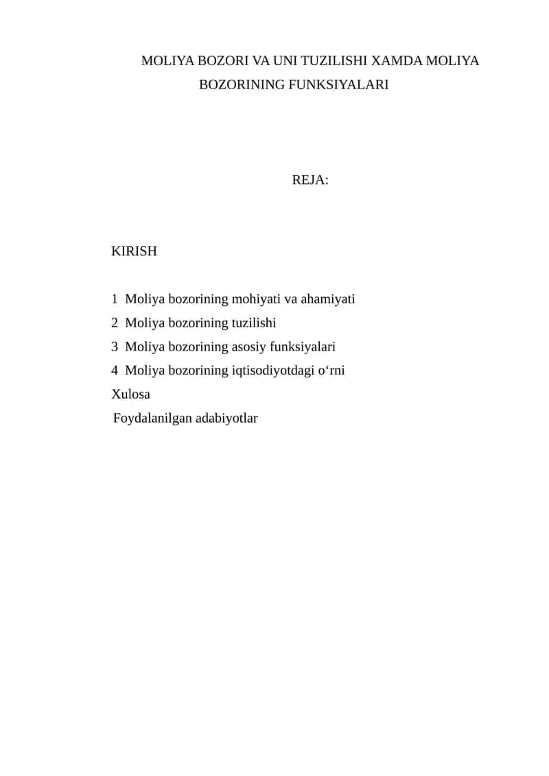 Moliya Bozori va Uni Tuzilishi Xamda Moliya Bozorining Funksiyalari