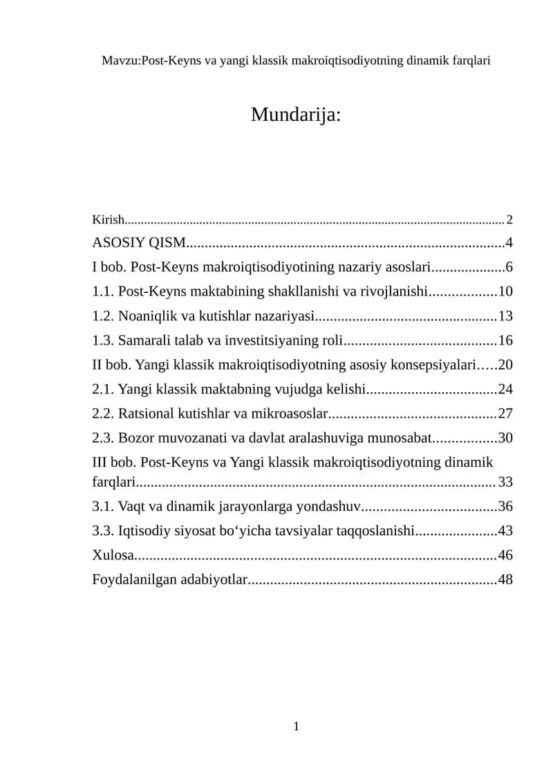 Post-Keyns va Yangi klassik makroiqtisodiyotning dinamik farqlari