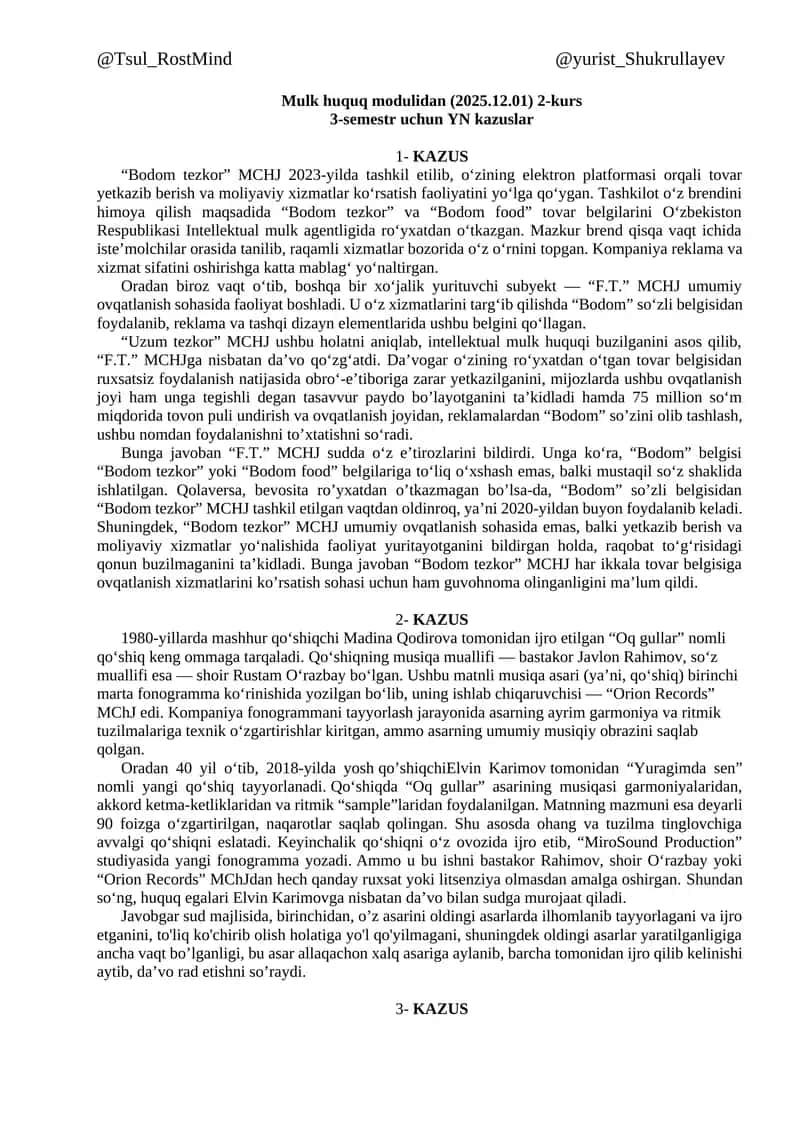 Mulk huquq modulidan (2025.12.01) 2-kurs 3-semestr YN kazuslar