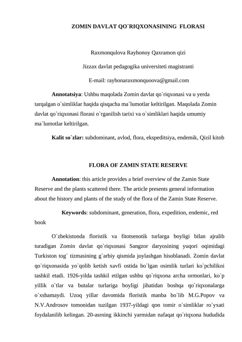 FLORA OF ZAMIN STATE RESERVE