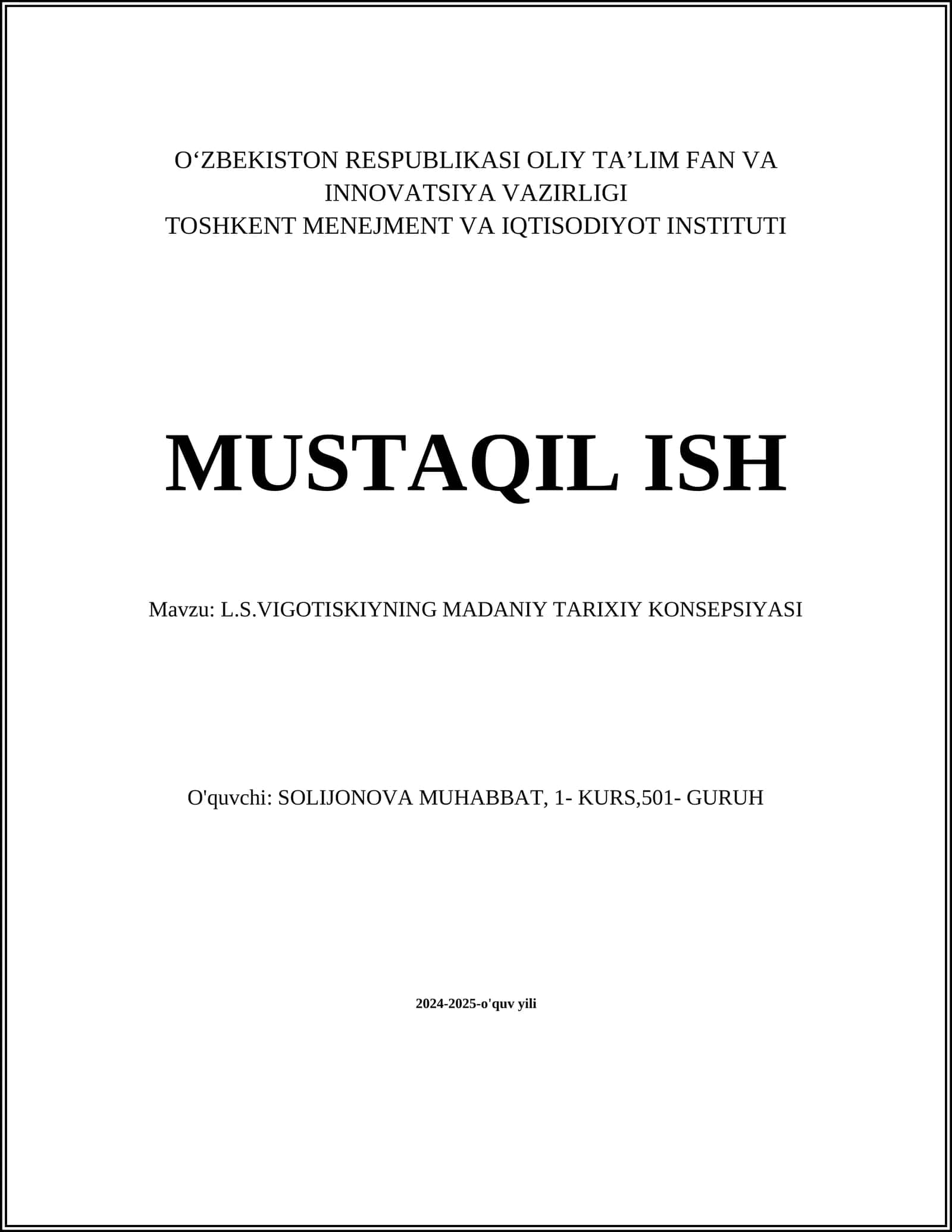 L.S.VIGOTISKIYNING MADANIY TARIXIY KONSEPSIYASI