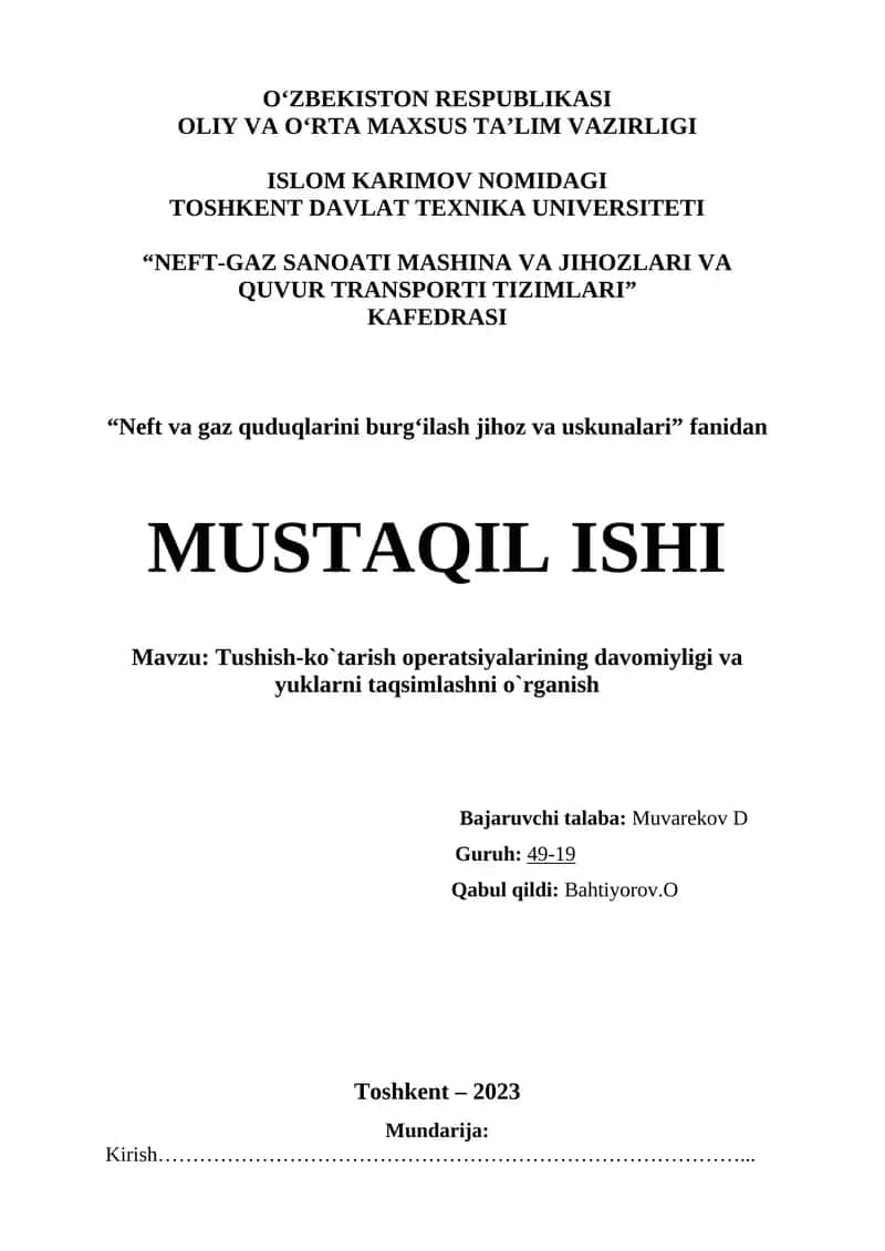 Tushish-ko`tarish operatsiyalarining davomiyligi va yuklarni taqsimlashni o`rganish