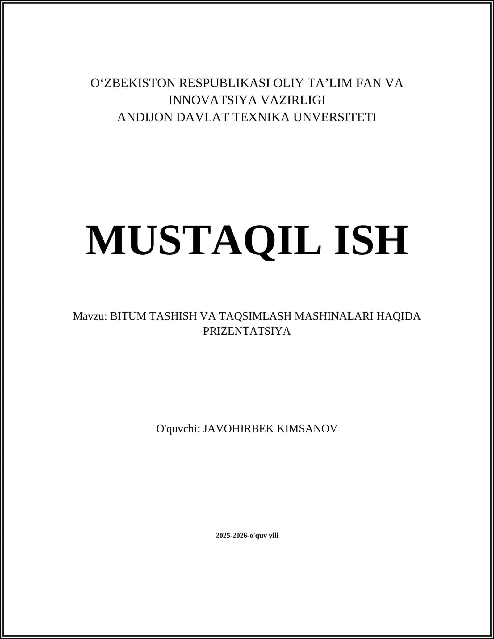 BITUM TASHISH VA TAQSIMLASH MASHINALARI HAQIDA PRIZENTATSIYA