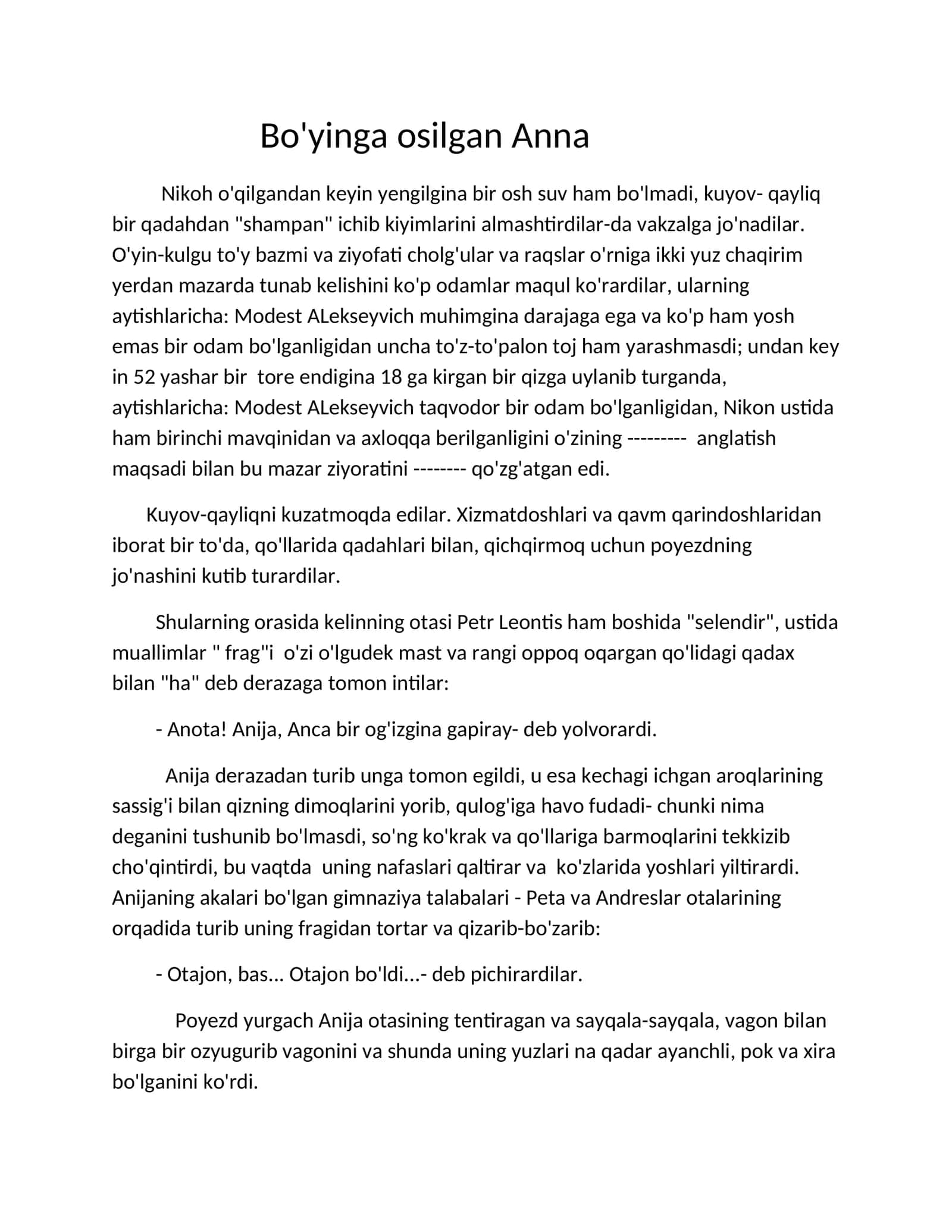Bo'yinga osilgan Anna. A.P.Chexov asari tahlili