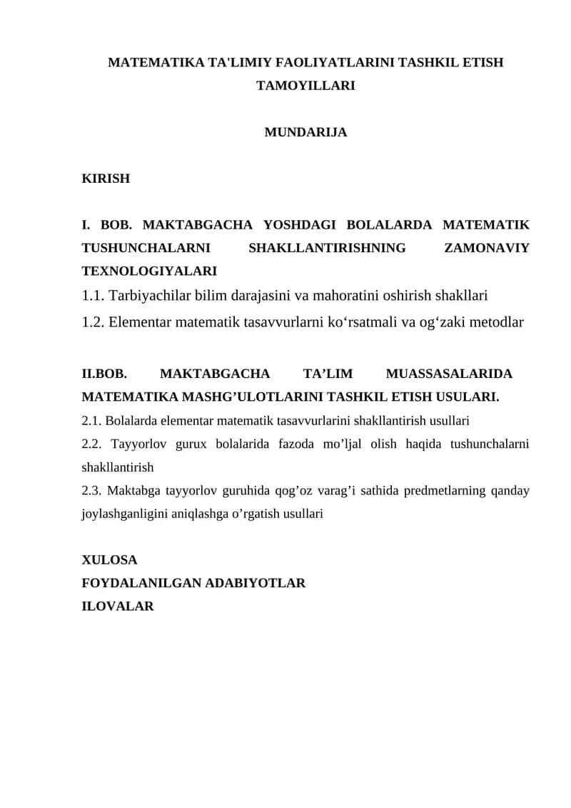 MATEMATIKA TA'LIMIY FAOLIYATLARINI TASHKIL ETISH TAMOYILLARI