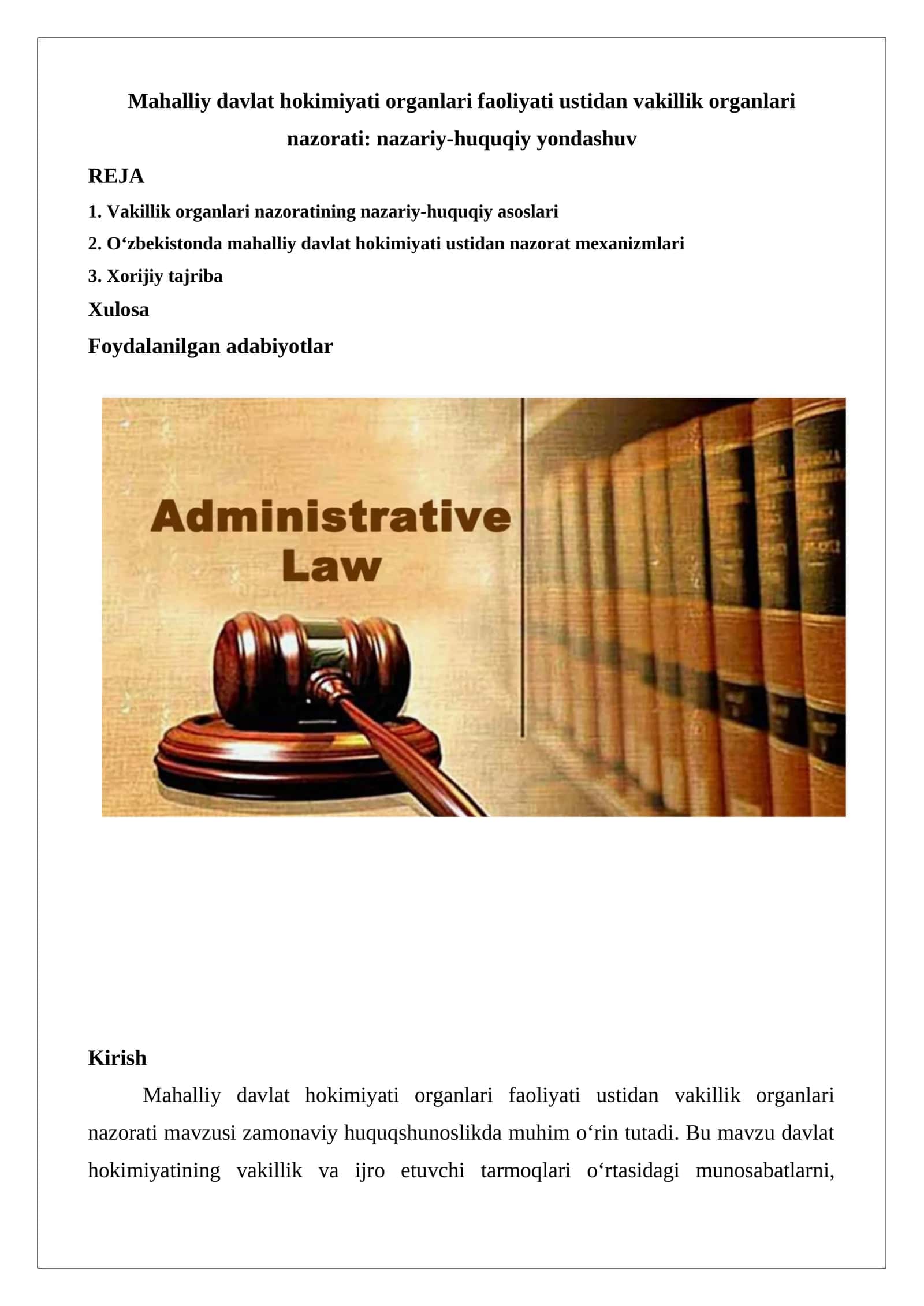 Mahalliy davlat hokimiyati organlari faoliyati ustidan vakillik organlari nazorati: nazariy-huquqiy yondashuv