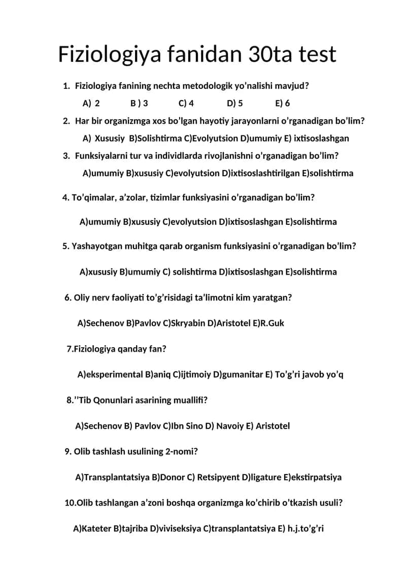 Fiziologiya fanidan 30ta test
