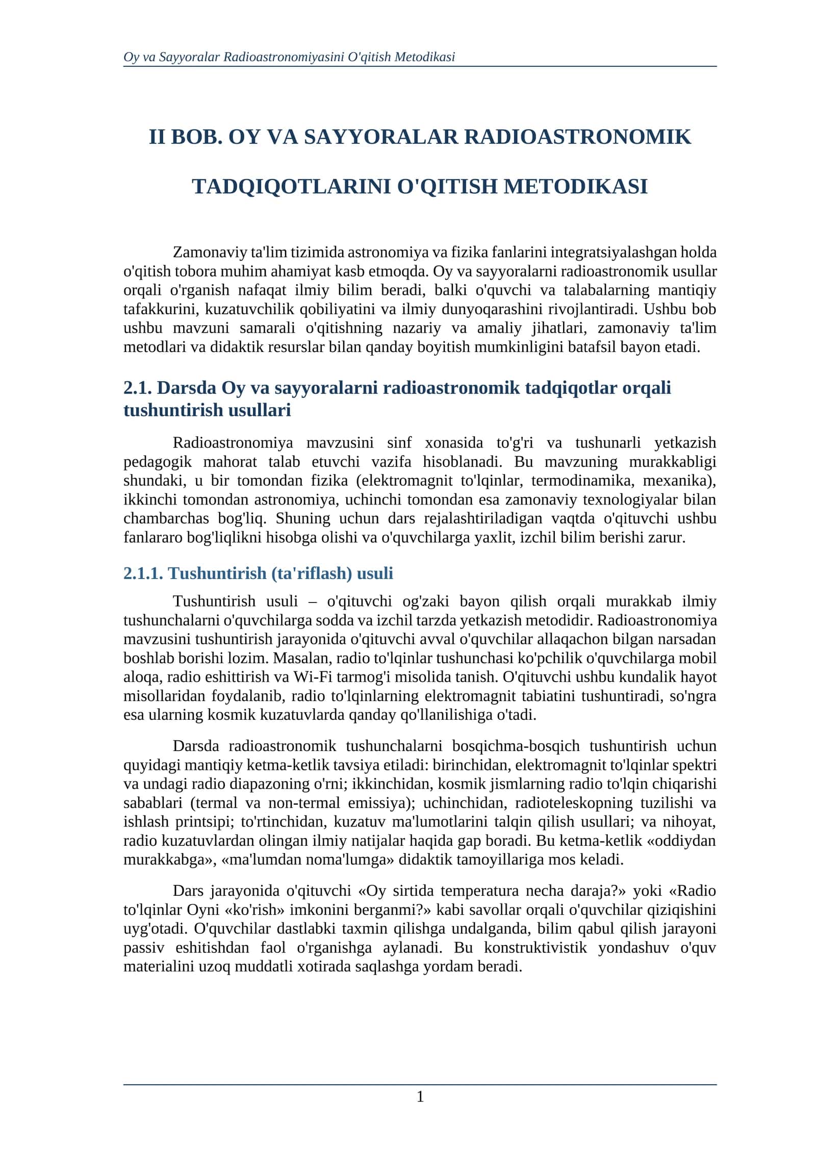 OY VA SAYYORALAR RADIOASTRONOMIK TADQIQOTLARINI O‘QITISH METODIKASI