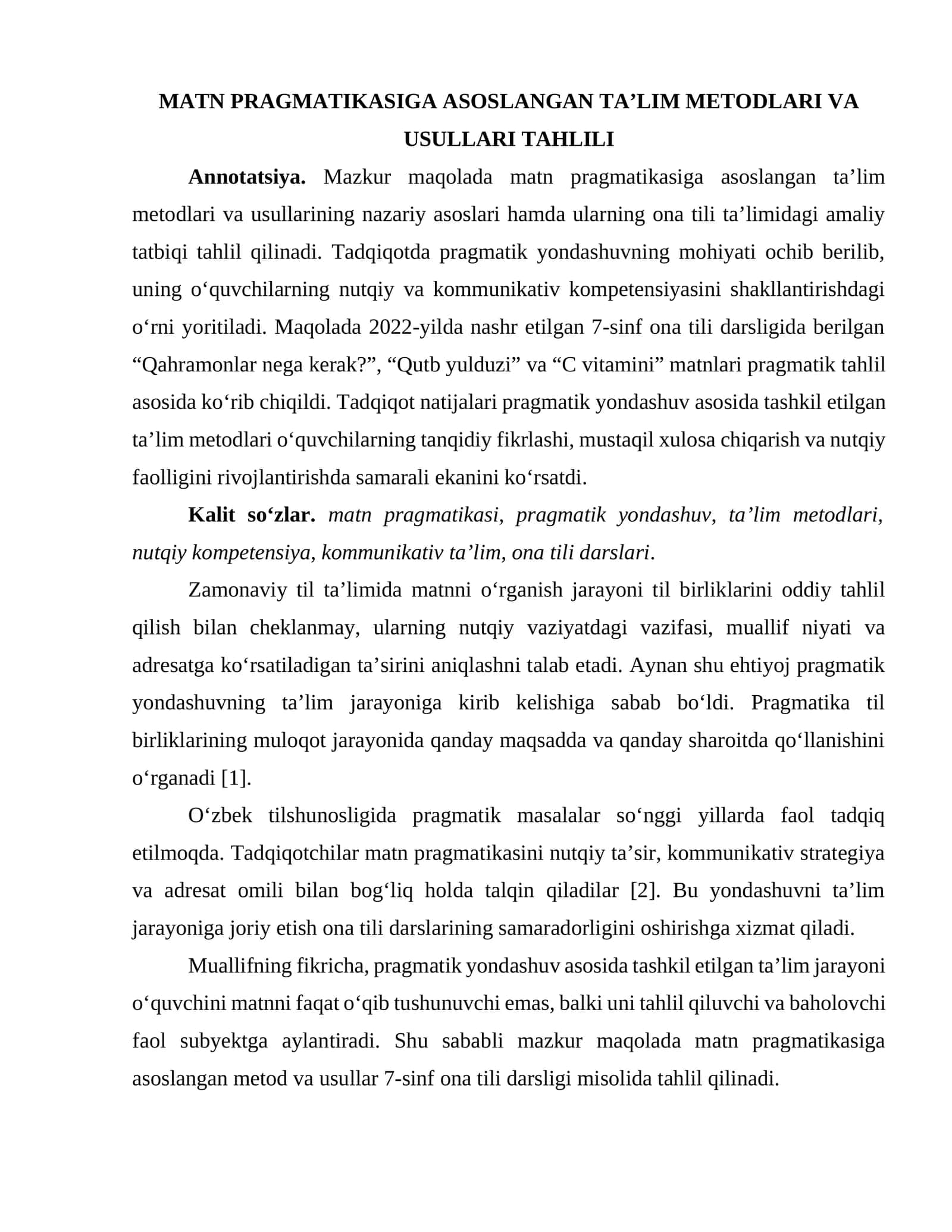 MATN PRAGMATIKASIGA ASOSLANGAN TA’LIM METODLARI VA USULLARI TAHLILI