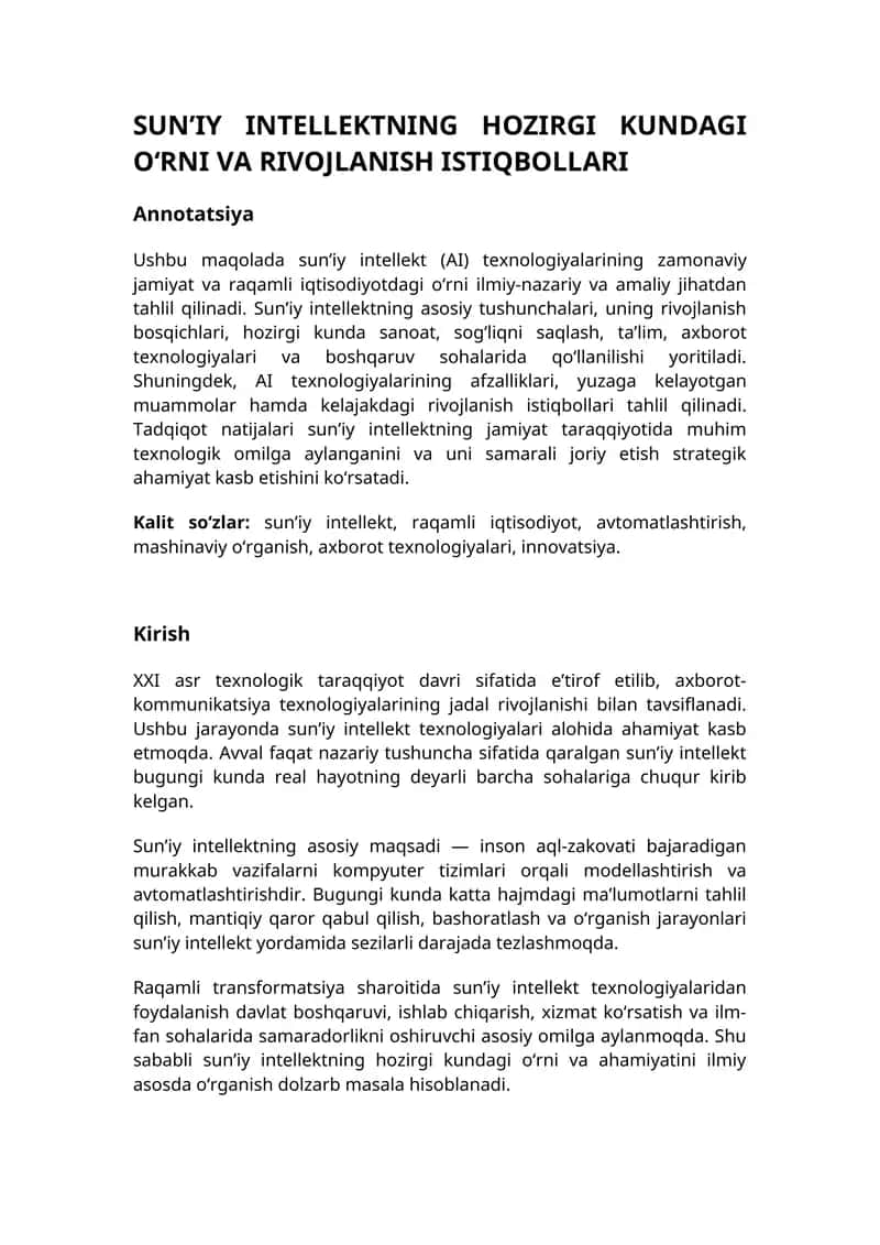 SUN’IY INTELLEKTNING HOZIRGI KUNDAGI O‘RNI VA RIVOJLANISH ISTIQBOLLARI