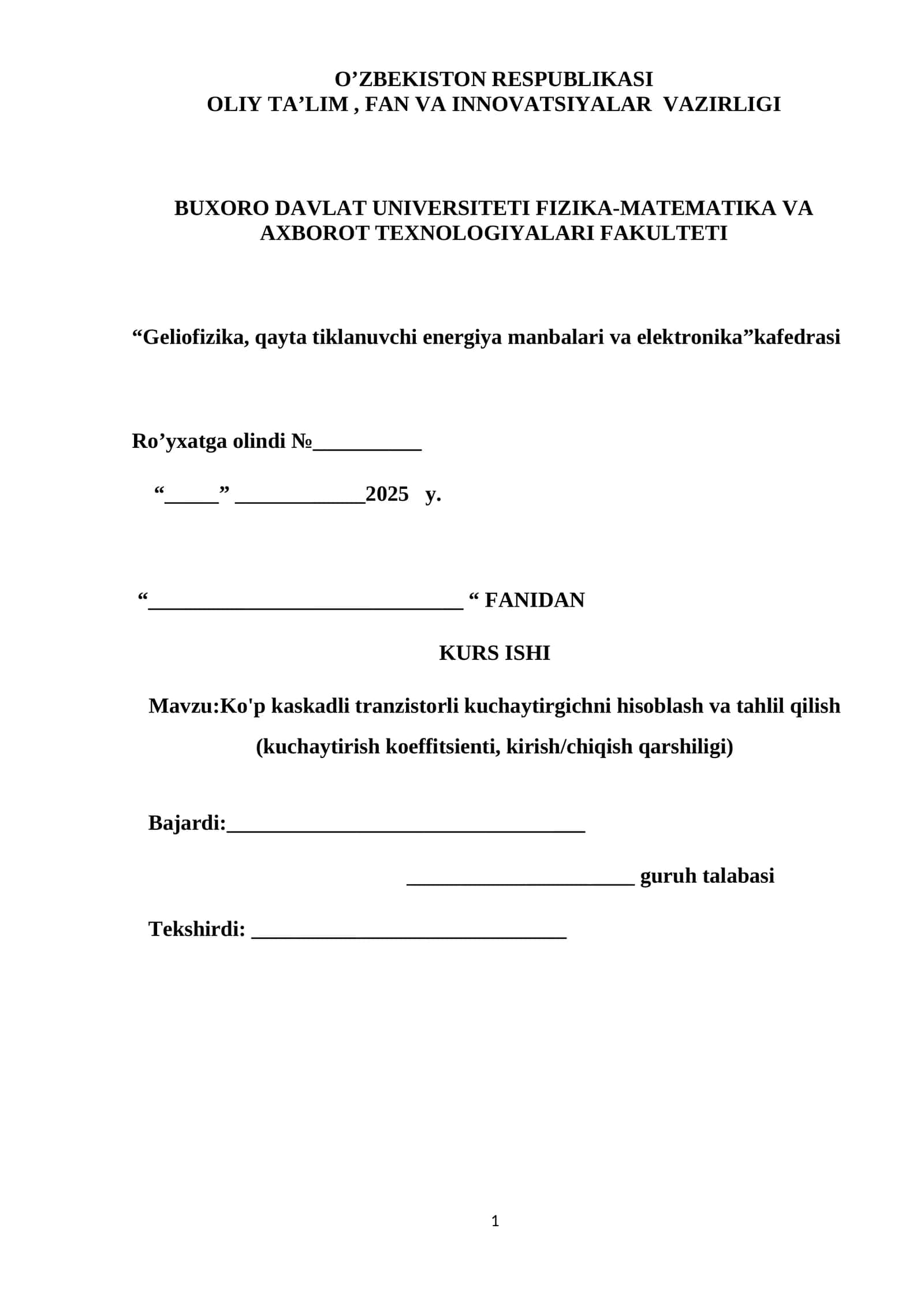 Ko'p kaskadli tranzistorli kuchaytirgichni hisoblash va tahlil qilish