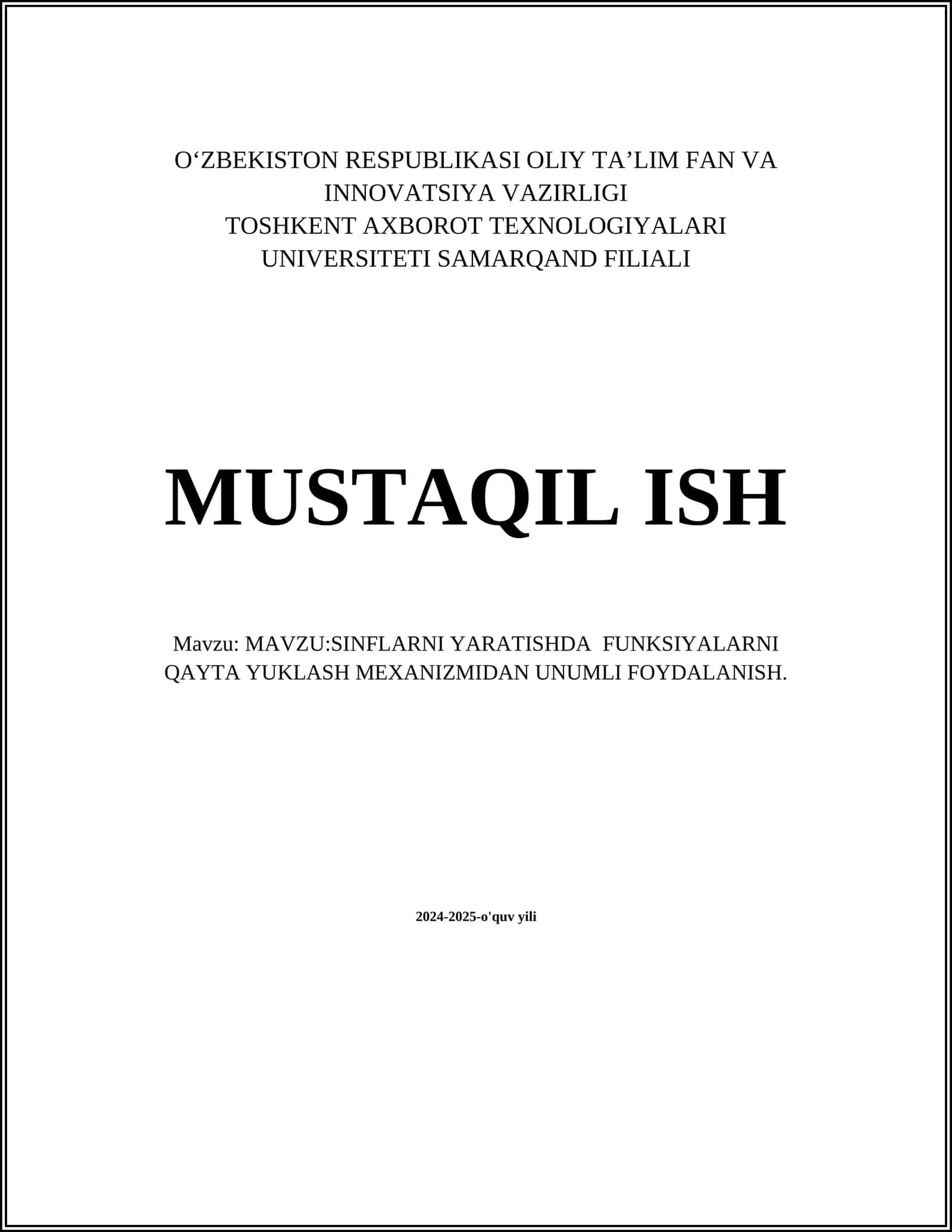 SINFLARNI YARATISHDA FUNKSIYALARNI QAYTA YUKLASH MEXANIZMIDAN UNUMLI FOYDALANISH