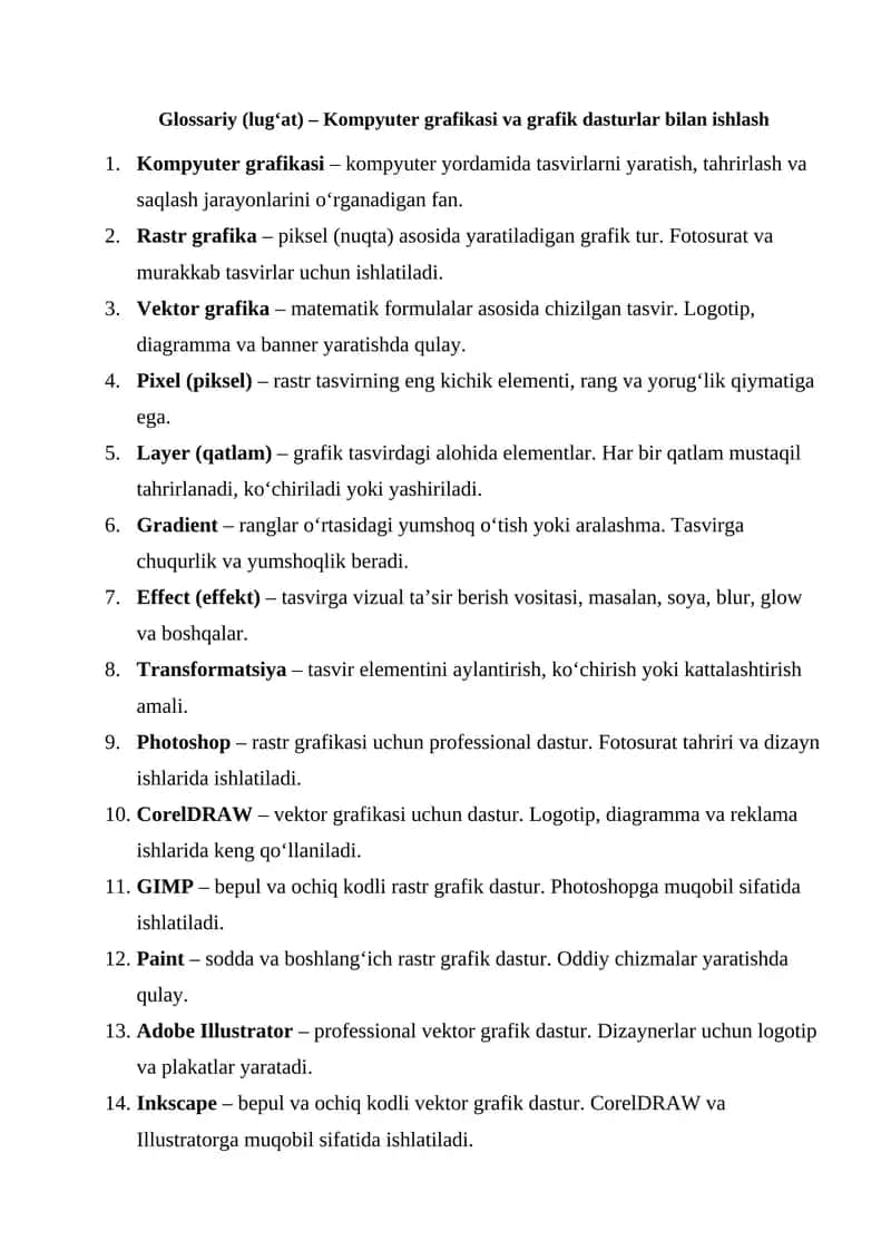 Kompyuter grafikasi va grafik dasturlar bilan ishlash