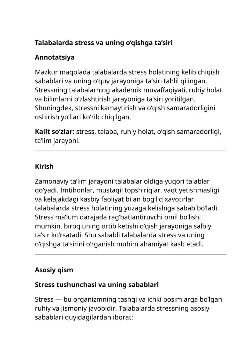 Talabalarda stress va uning o‘qishga ta’siri