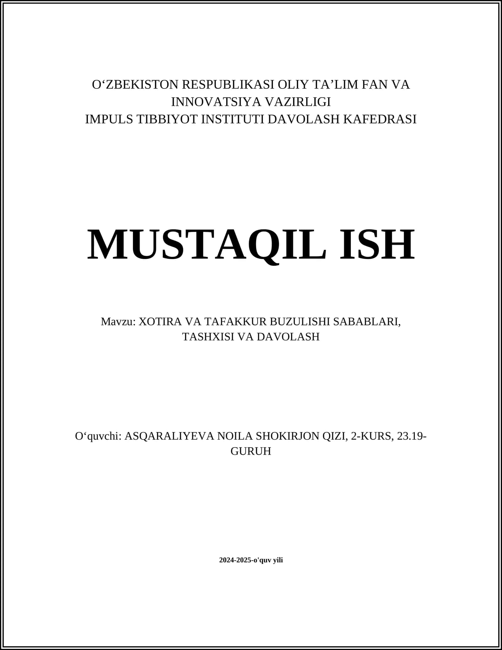 Xotira va Tafakkur Buzulishi Sabablari, Tashxisi va Davolash