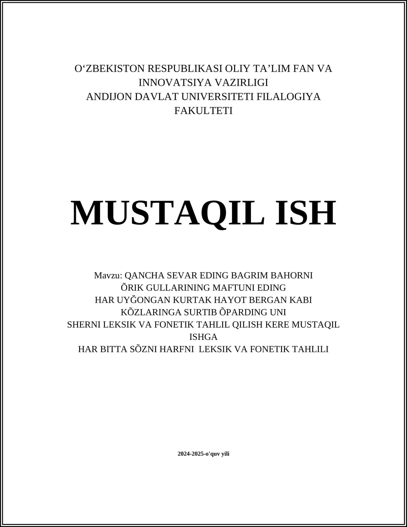 SHERNI LEKSIK VA FONETIK TAHLIL QILISH KERE MUSTAQIL ISHGA
