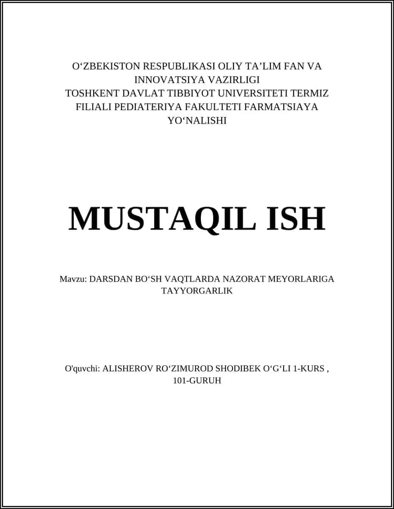 DARSDAN BOʻSH VAQTLARDA NAZORAT MEYORLARIGA TAYYORGARLIK