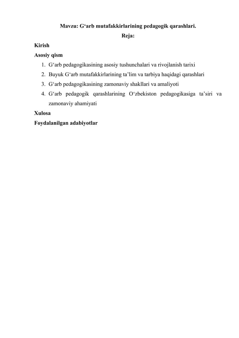 Gʻarb mutafakkirlarining pedagogik qarashlari