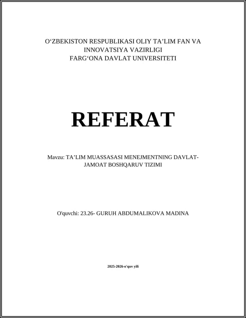 TAʼLIM MUASSASASI MENEJMENTNING DAVLAT- JAMOAT BOSHQARUV TIZIMI
