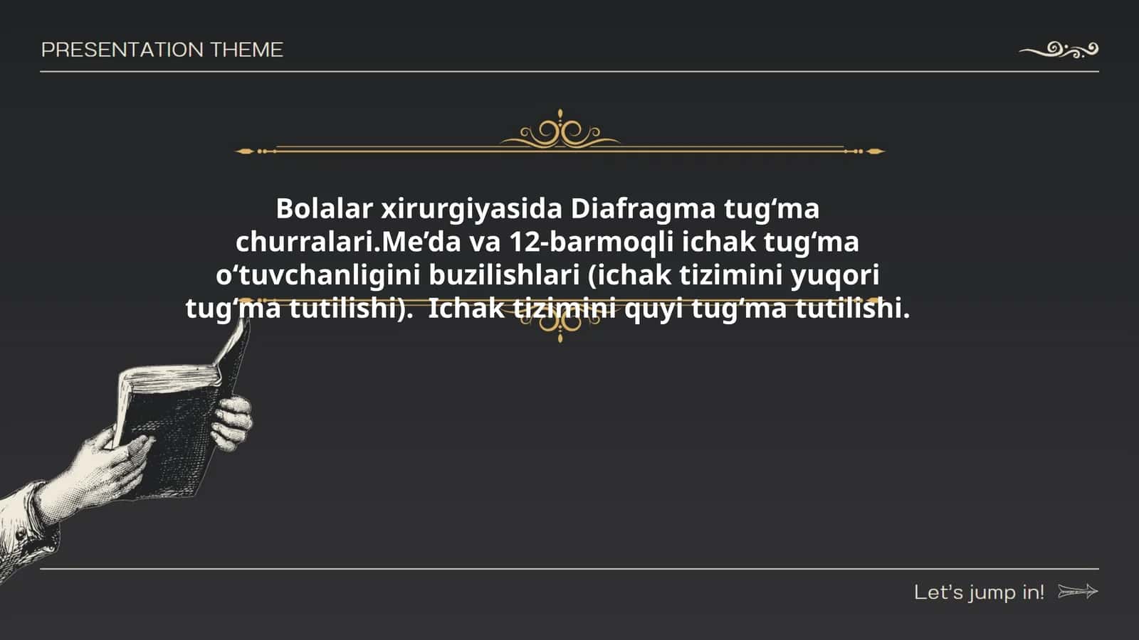 Bolalar xirurgiyasida Diafragma tug‘ma churralari.Me’da va 12-barmoqli ichak tug‘ma o‘tuvchanligini buzilishlari (ichak tizimini yuqori tug‘ma tutilishi). Ichak tizimini quyi tug‘ma tutilishi