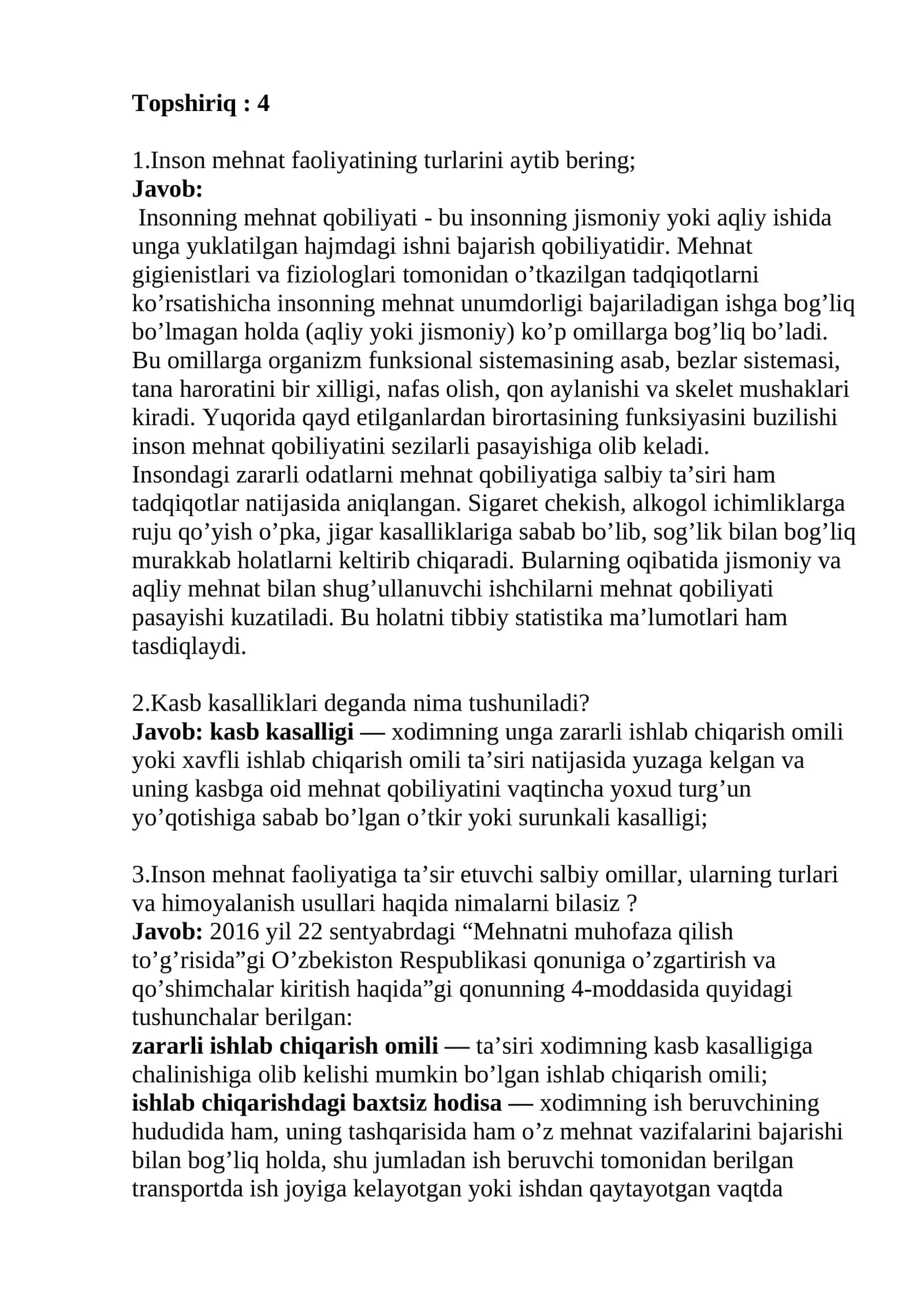 Inson mehnat faoliyatining turlarini aytib bering