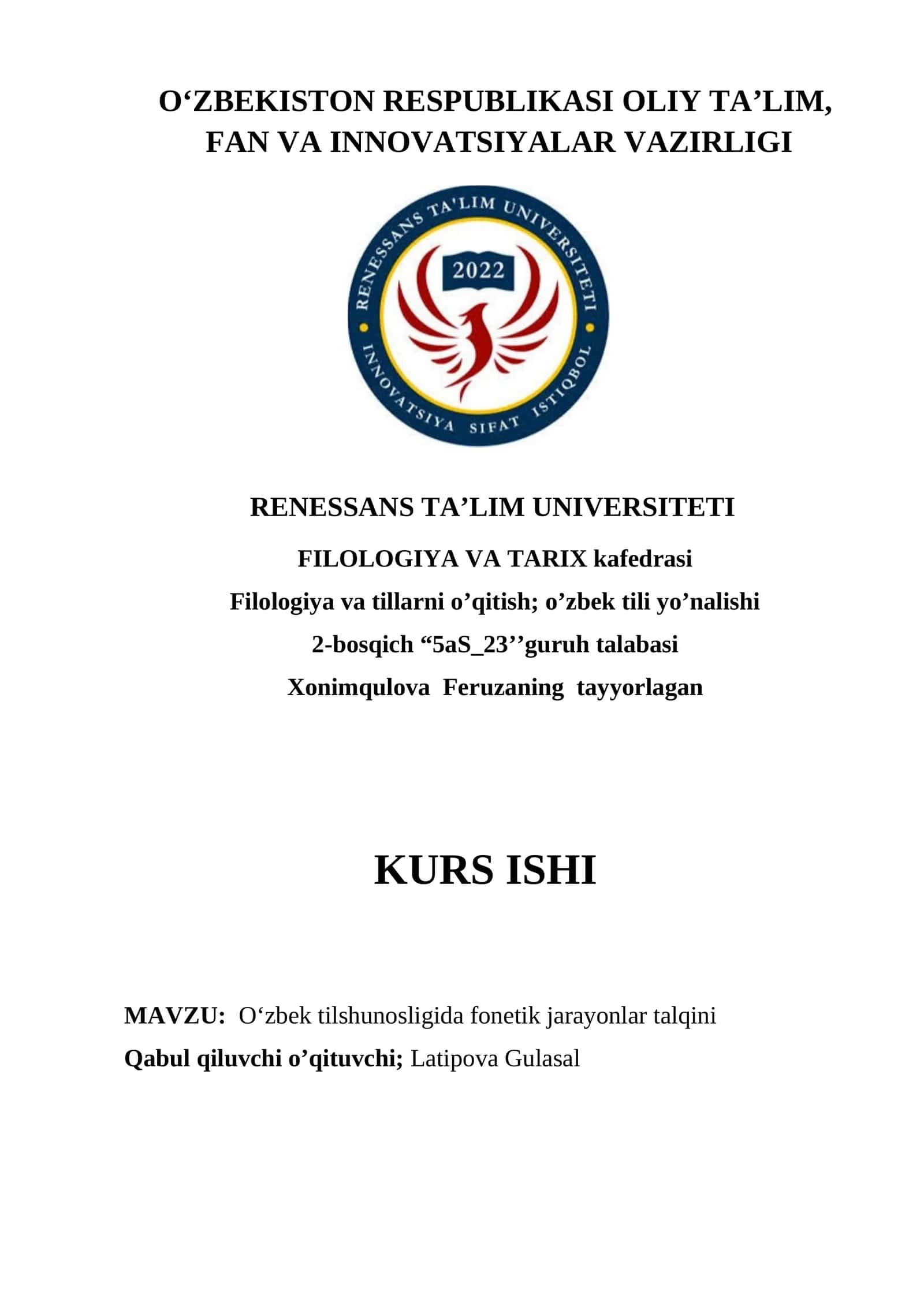 O’ZBEK TILSHUNOSLIGIDA FONETIK JARAYONLAR TALQINI
