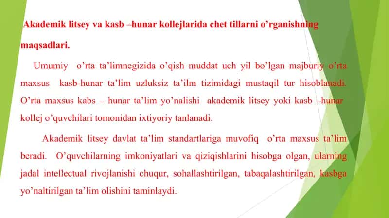 Akademik litsey va kasb –hunar kollejlarida chet tillarni o’rganishning maqsadlari