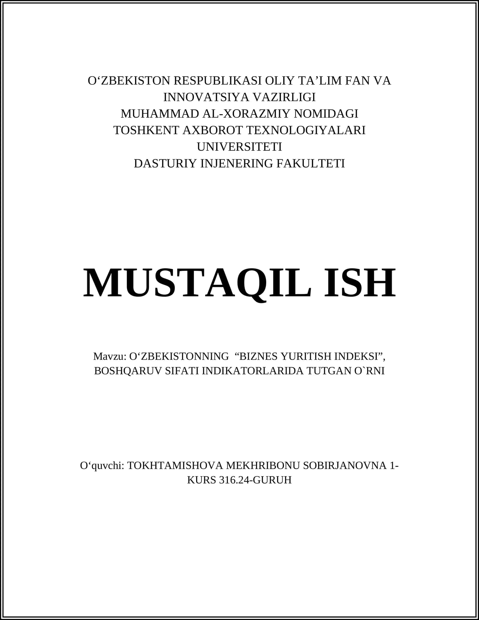 O‘ZBEKISTONNING “BIZNES YURITISH INDEKSI”, BOSHQARUV SIFATI INDIKATORLARIDA TUTGAN O`RNI