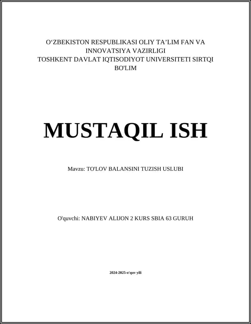TO'LOV BALANSINI TUZISH USLUBI