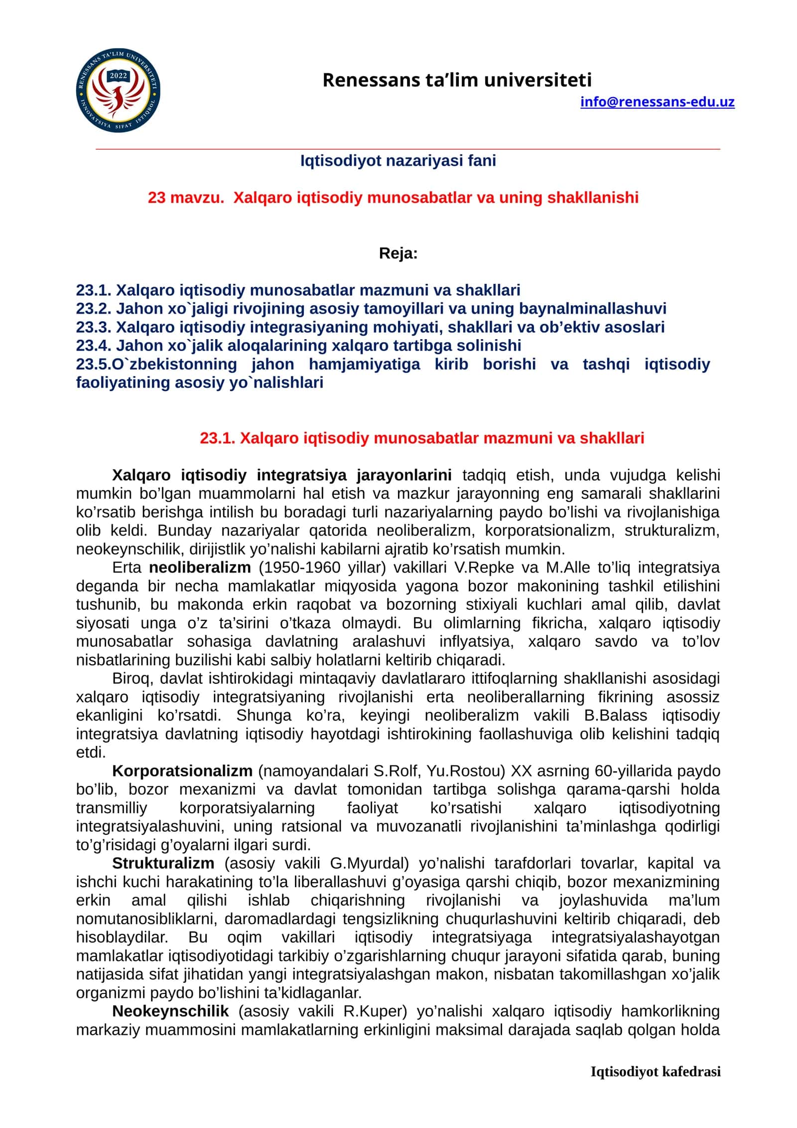 23 mavzu. Xalqaro iqtisodiy munosabatlar va uning shakllanishi
