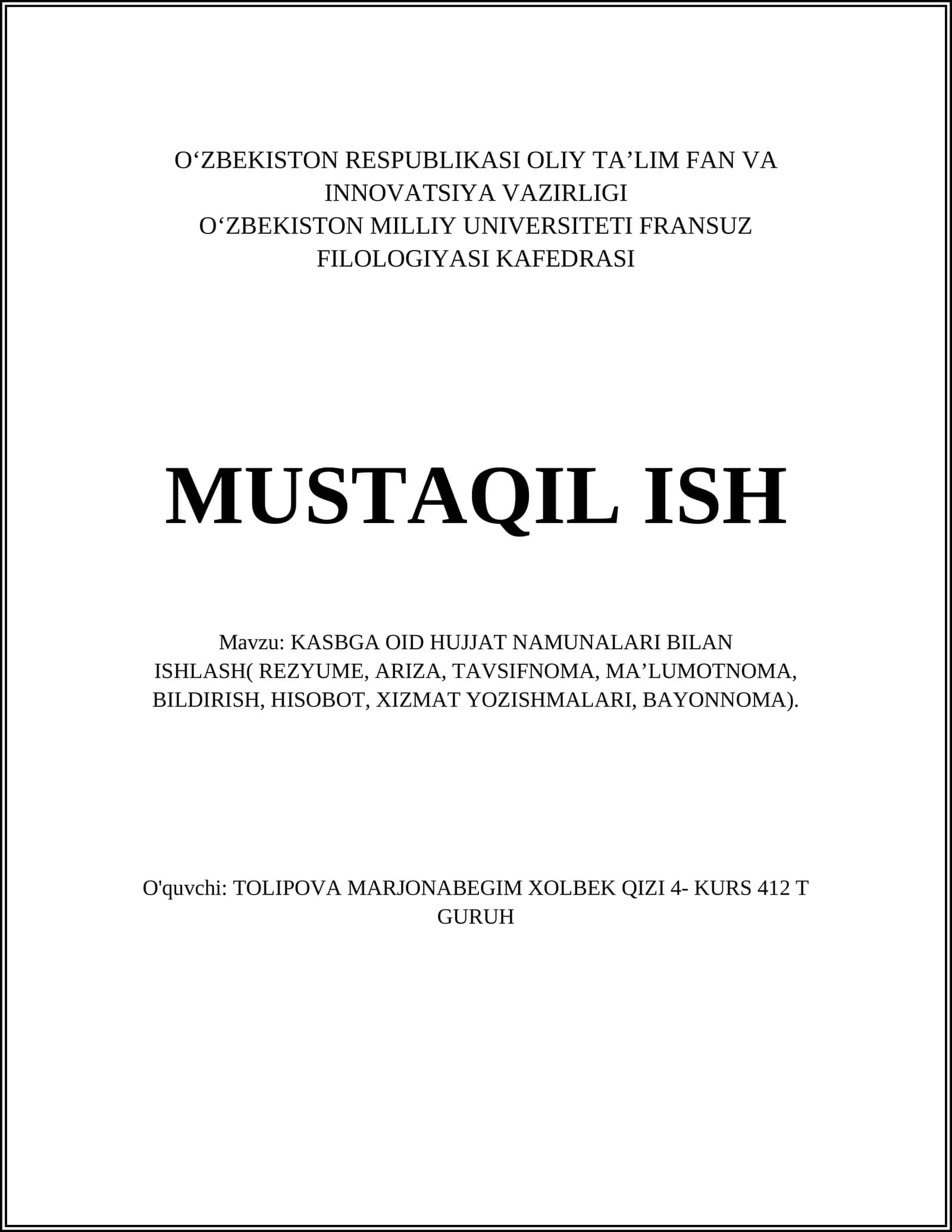 KASBGA OID HUJJAT NAMUNALARI BILAN ISHLASH