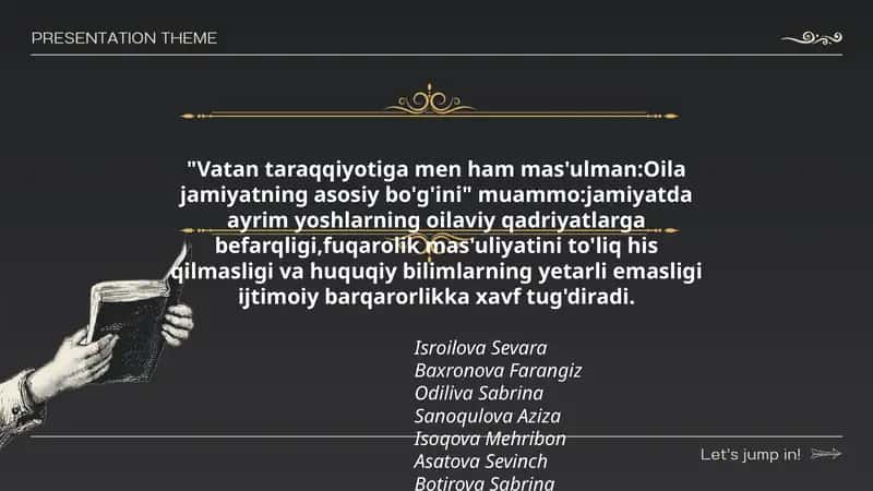 Vatan taraqqiyotiga men ham mas'ulman:Oila jamiyatning asosiy bo'g'ini