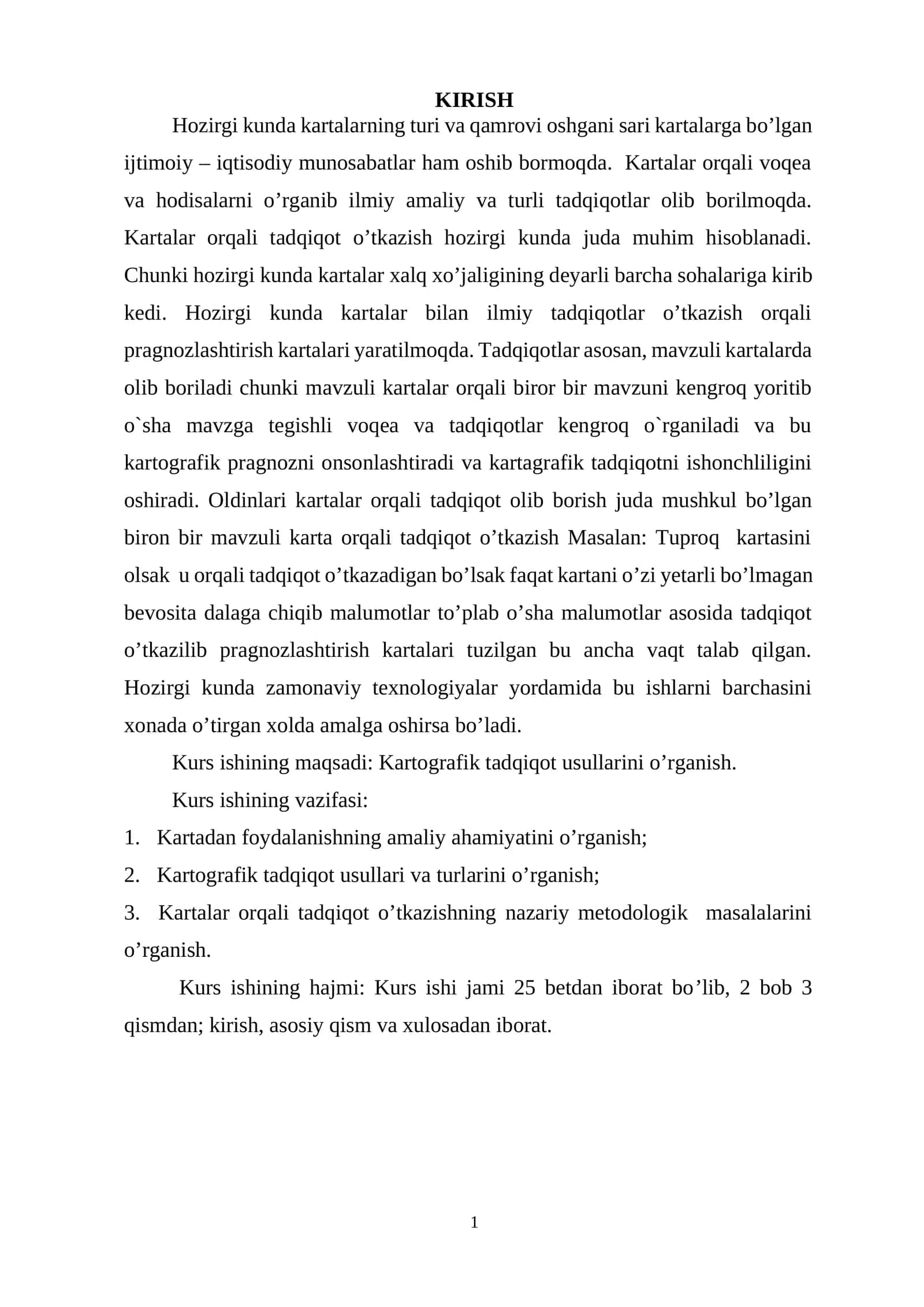 KARTALAR ORQALI TADQIQOT O’TKAZISH kurs ishi