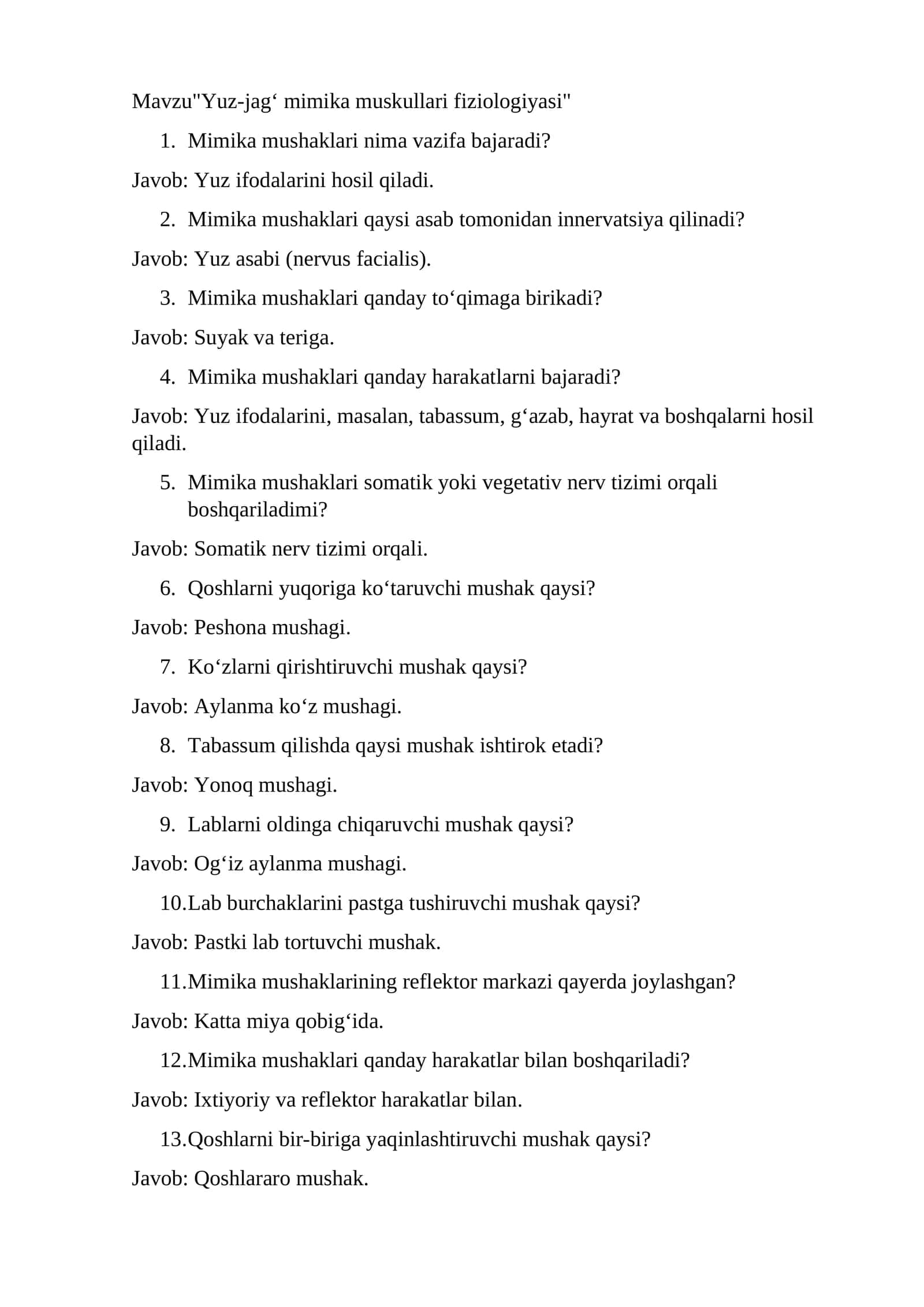 Yuz-jag‘ mimika muskullari fiziologiyasi