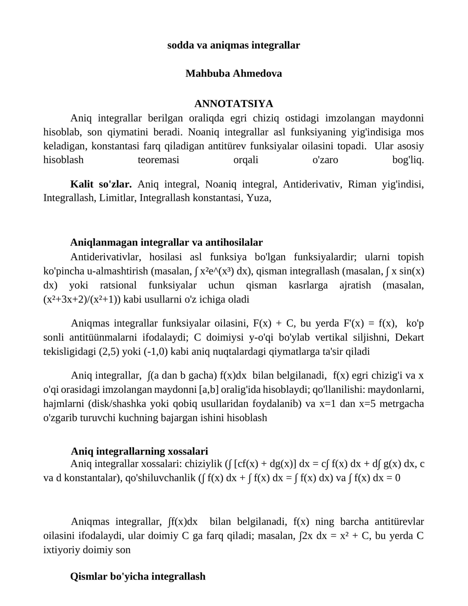 sodda va aniqmas integrallar