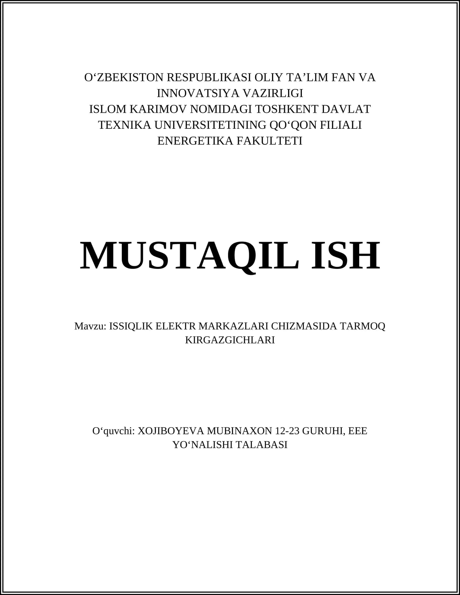 ISSIQLIK ELEKTR MARKAZLARI CHIZMASIDA TARMOQ KIRGAZGICHLARI