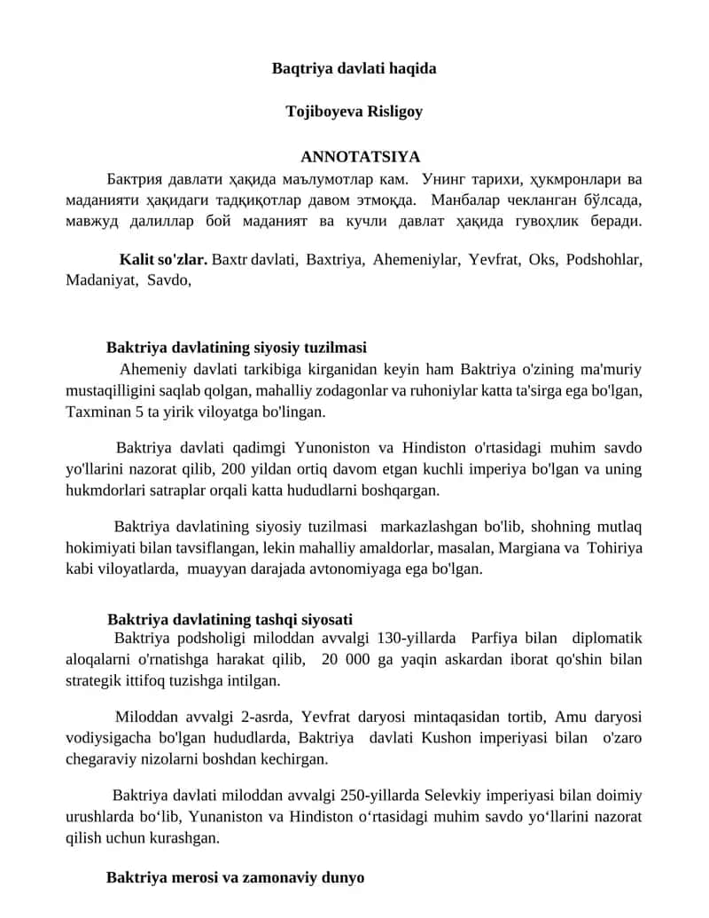 Baktriya davlati haqida