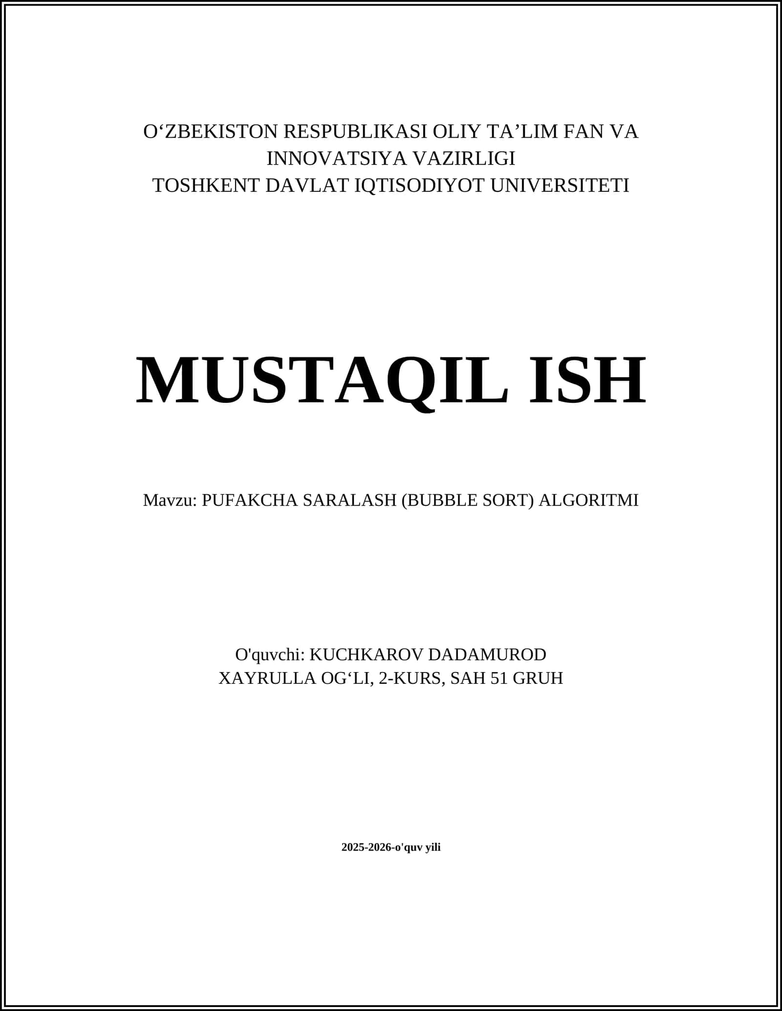 PUFAKCHA SARALASH (BUBBLE SORT) ALGORITMI