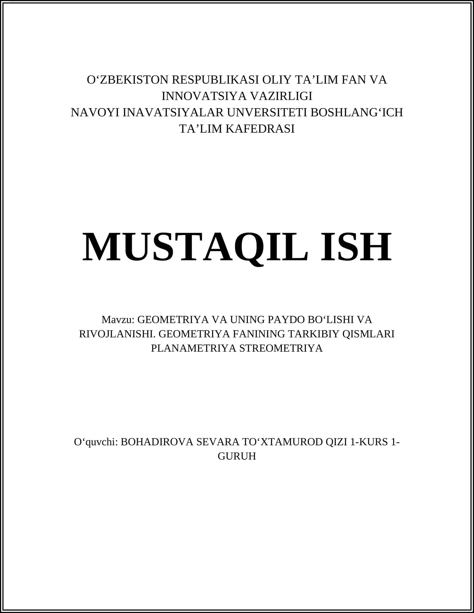 GEOMETRIYA VA UNING PAYDO BOʻLISHI VA RIVOJLANISHI