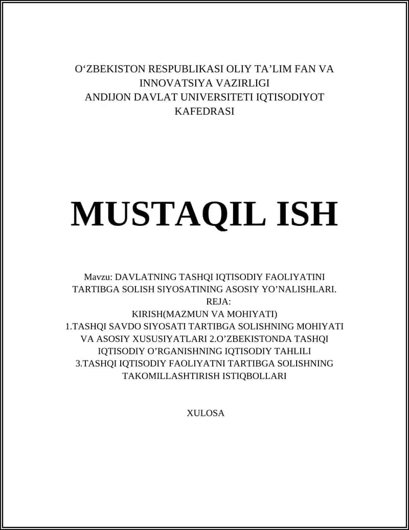 DAVLATNING TASHQI IQTISODIY FAOLIYATINI TARTIBGA SOLISH SIYOSATI