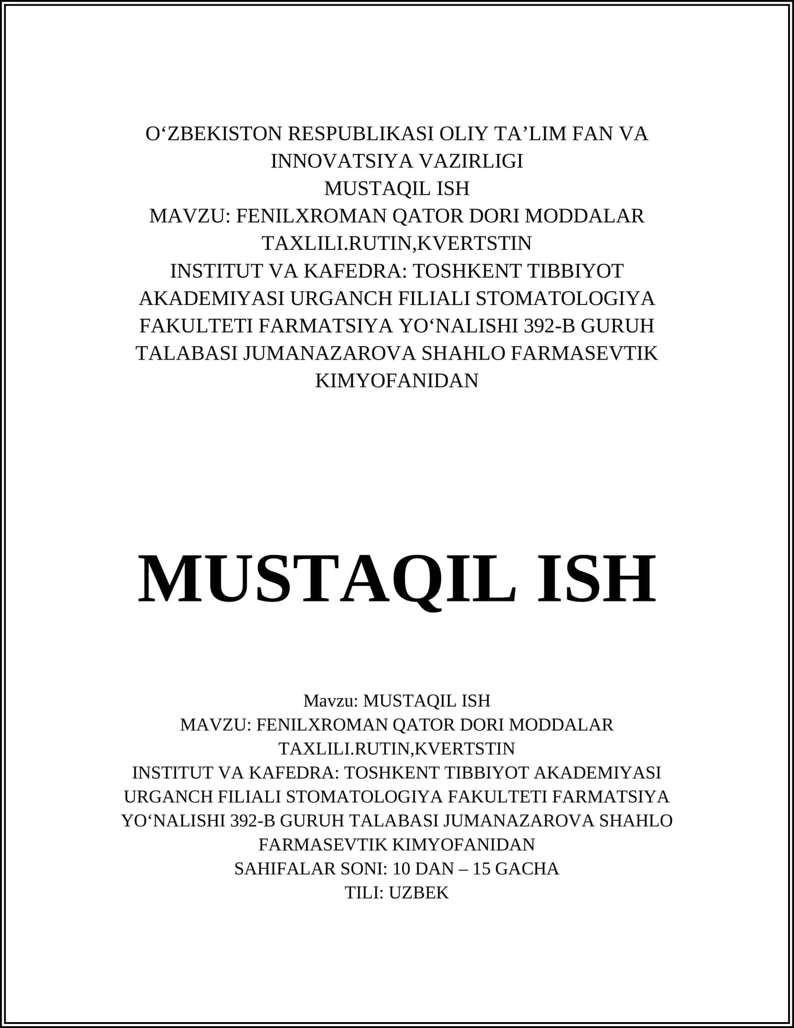 FENILXROMAN QATOR DORI MODDALAR TAXLILI