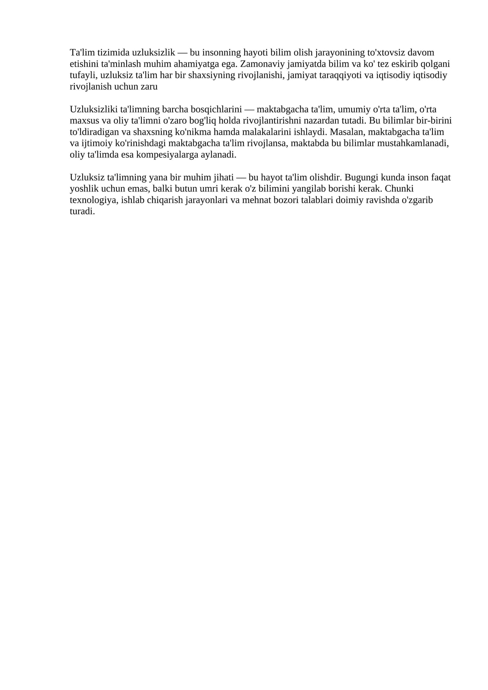 Ta'lim tizimida uzluksizlik