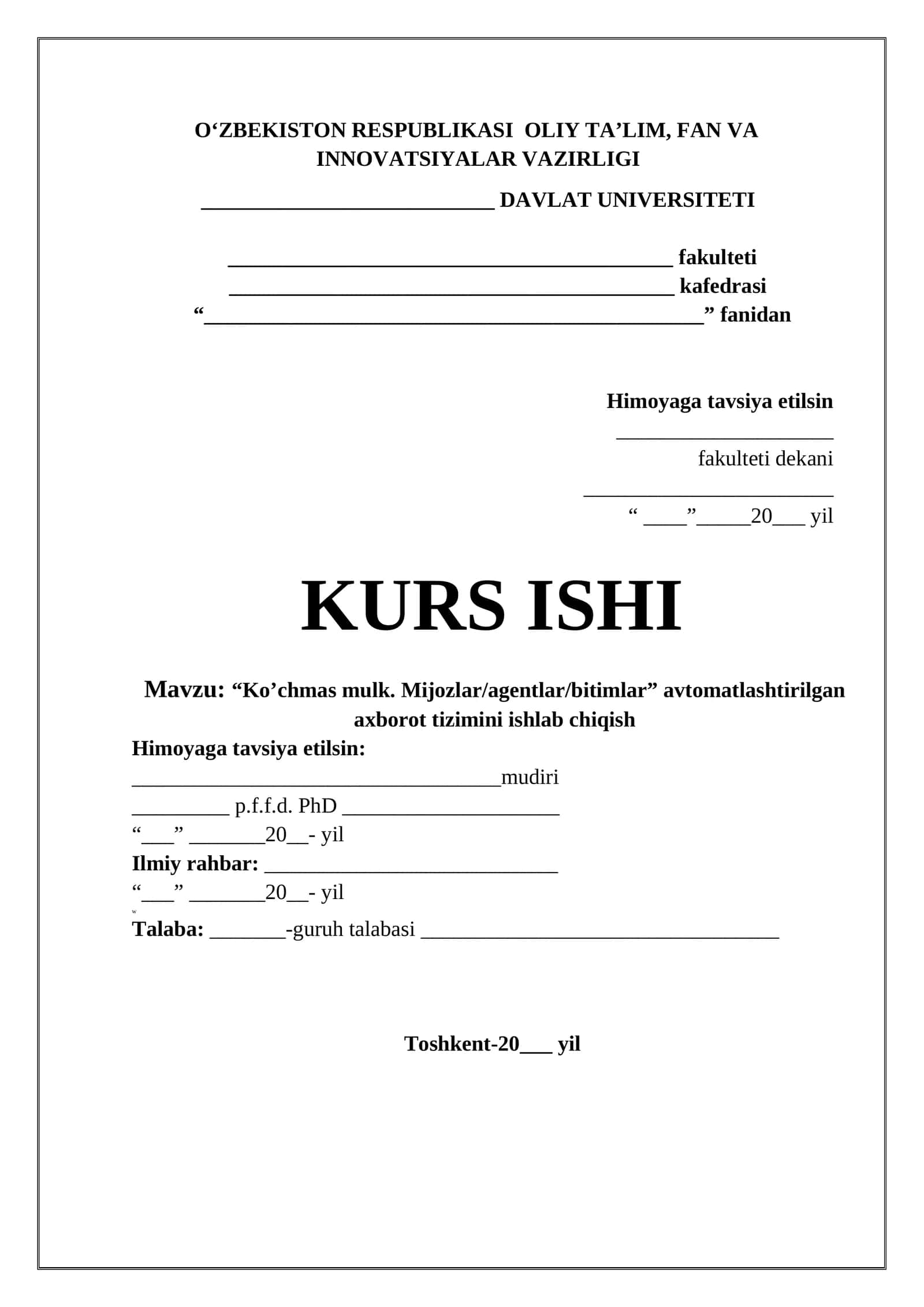 “Ko’chmas mulk. Mijozlar/agentlar/bitimlar” avtomatlashtirilgan axborot tizimini ishlab chiqish
