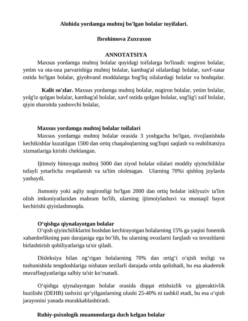 Maxsus yordamga muhtoj bolalar toyifalari