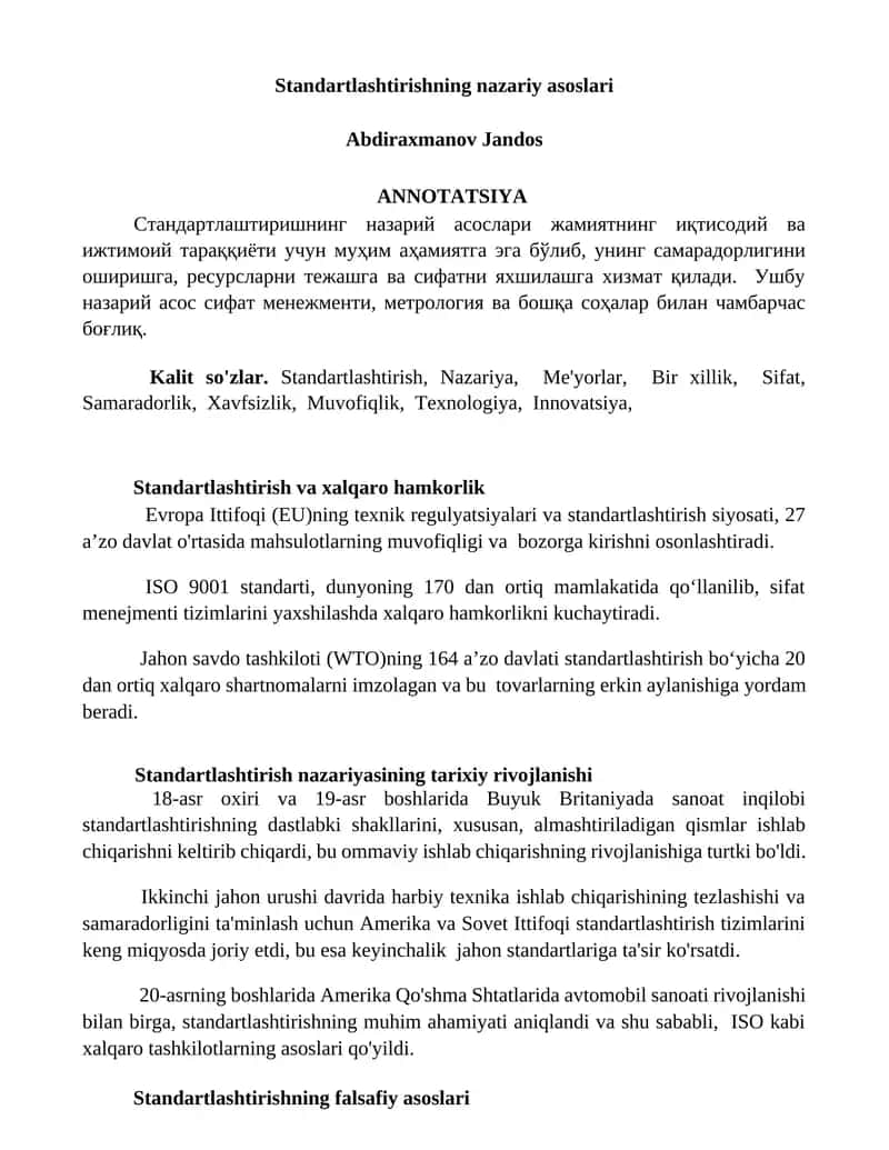Standartlashtirishning nazariy asoslari