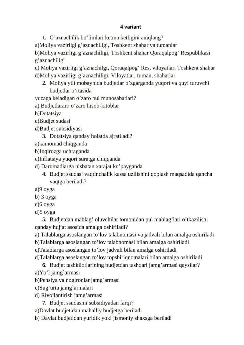 G’aznachilik bo’limlari ketma ketligini aniqlash